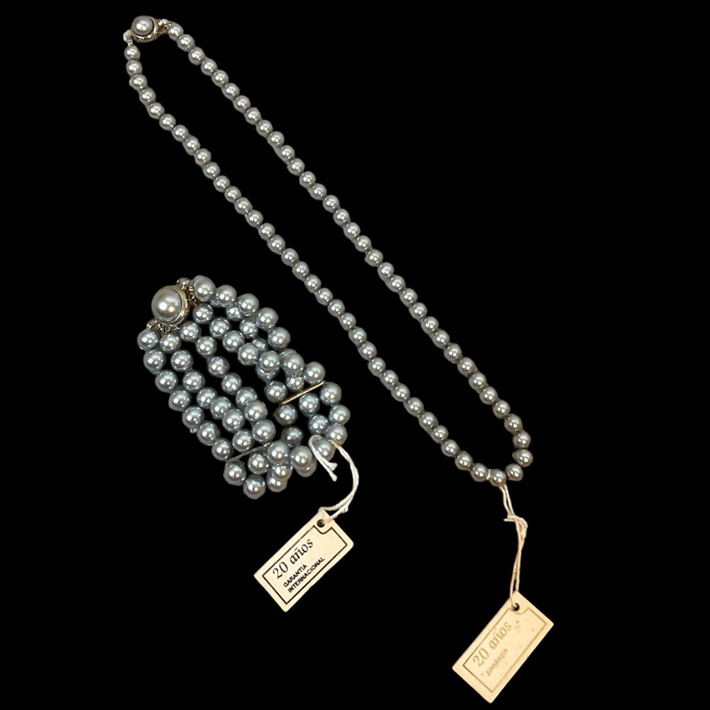 Vintage Spanish Mallorca Grey Glass Pearl Necklace and Bracelet SET Tags